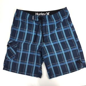 Hurley Size 38 Blue plaid Swim Trunks I-76